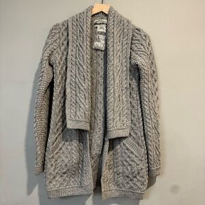 Aran Crafts Classic Gray Merino Wool Cable Knit Cardigan Sweater XS